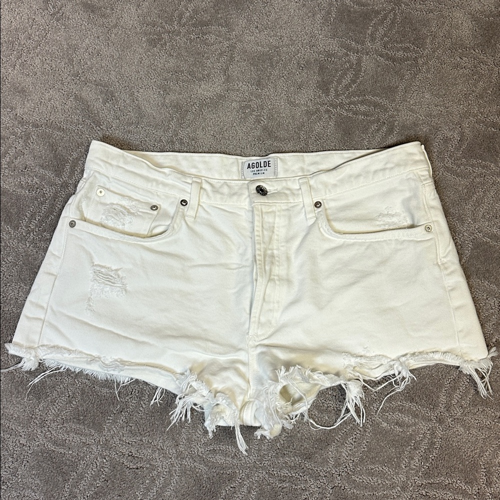 Agolde Ivory Frayed Hem Denim Shorts Size 32